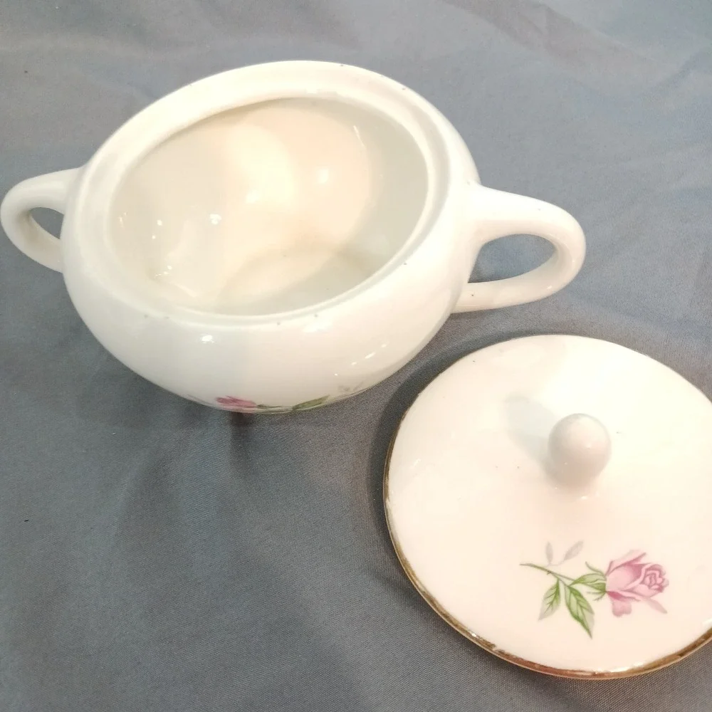 Vintage Sugar Bowl White Excellent Pink Rose Gold Trim Vintage
